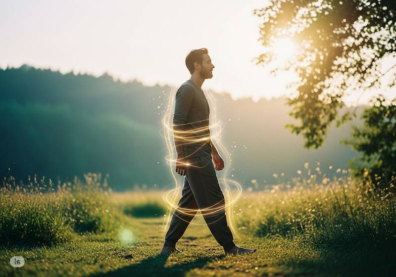 A photorealistic image showing a person walking in nature at sunrise, surrounded by a soft, golden light. Subtle glowing lines representing Motion Energy flow around their body, symbolizing vitality and pain relief through movement. The scene evokes healing and peace with a natural color palette of greens, golds, and blues.