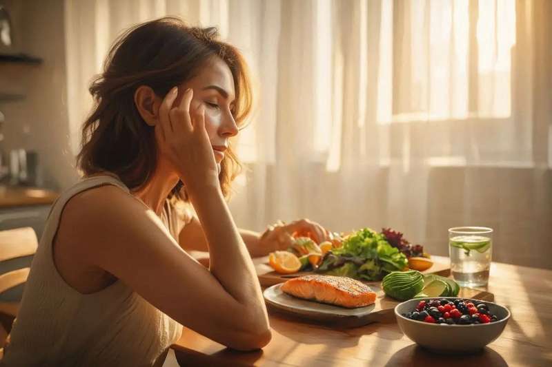 Woman with glowing skin at a sunlit table surrounded by healthy foods like berries, salmon, and avocado, illustrating the connection between diet and skin aging