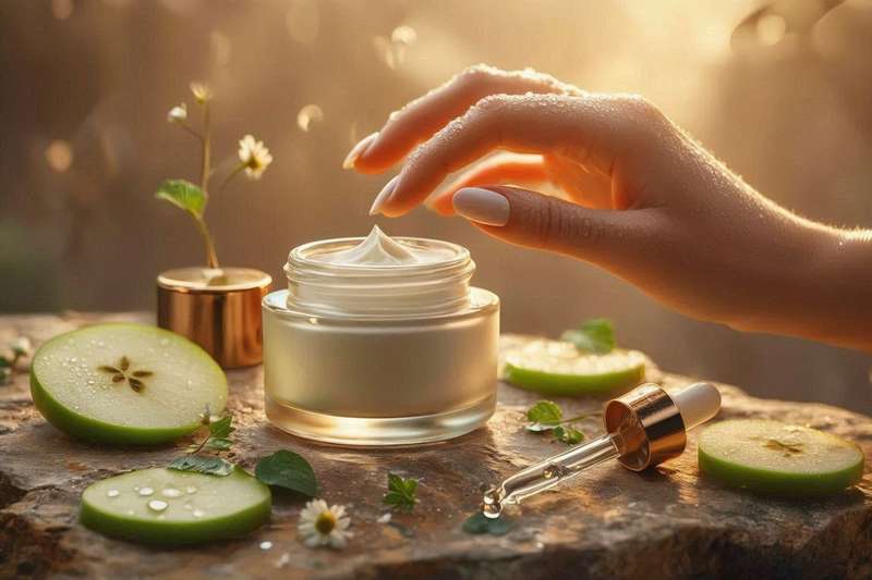 Elegant Elesse Cream jar surrounded by apple slices and botanical elements with woman's hand reaching toward it in golden light