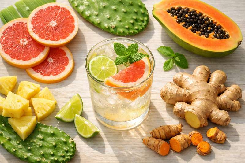 Glass of natural tropical tonic Berzeo surrounded by nopal, grapefruit, pineapple and ginger ingredients for metabolism support