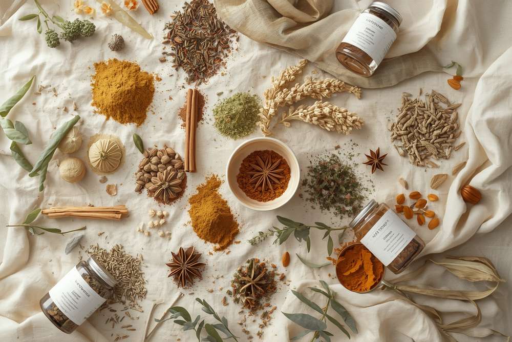 Assorted Ayurvedic dried herbs, powders and botanicals on linen, of the kind marketed for natural weight loss.