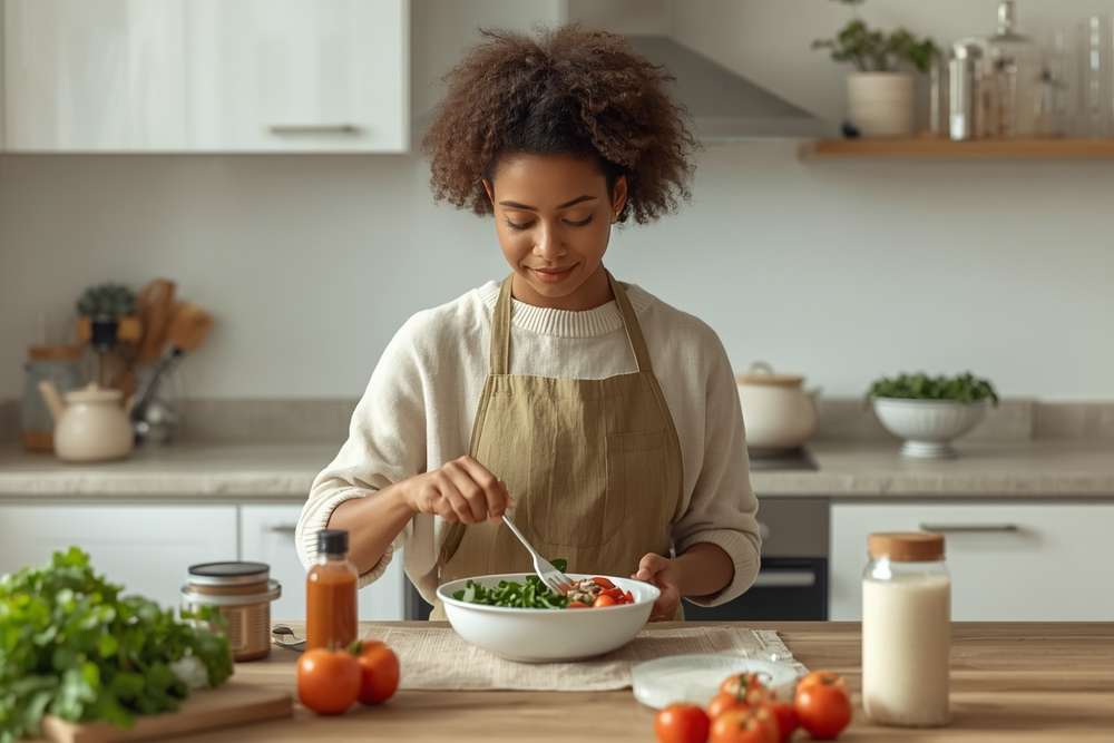 Person preparing a balanced high-protein meal in a calm kitchen, the everyday habits that support healthy weight.