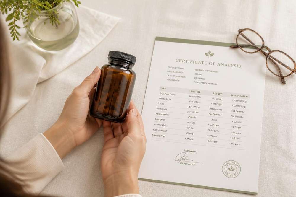 Hands holding a supplement bottle beside a lab-testing report, checking herbal products for heavy metals